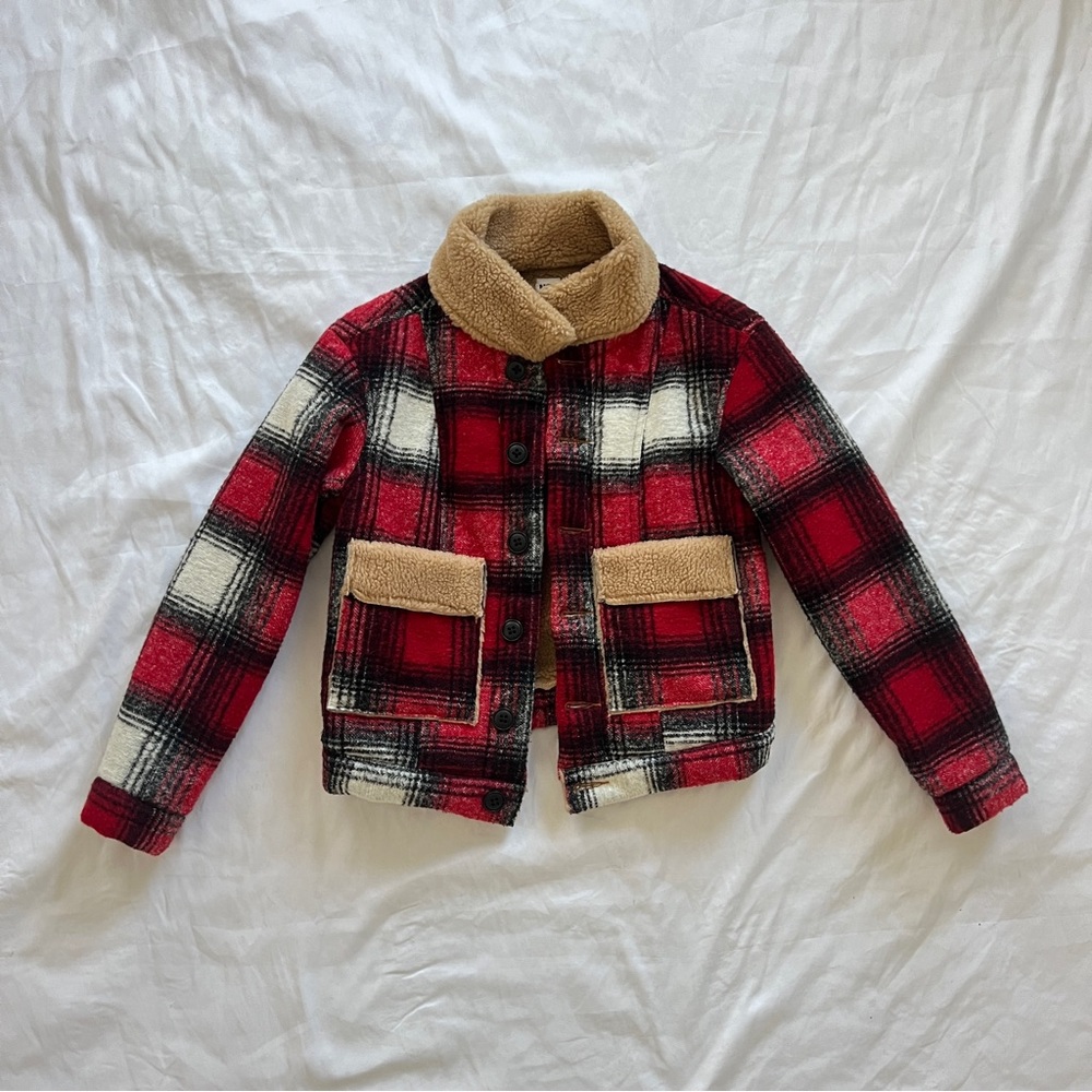 NSF Clothing Wool Plaid Red Sherpa Bomber Jacket XS